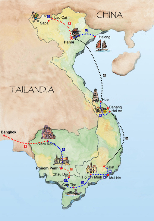Mapa de la ruta por Camboya y Vietnam