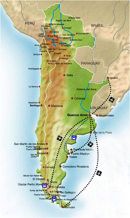 Mapa de la ruta por Argentina y Chile