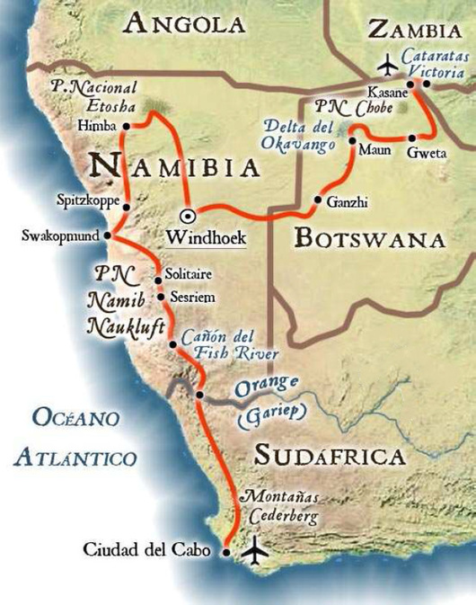Mapa de la ruta por Africa Austral